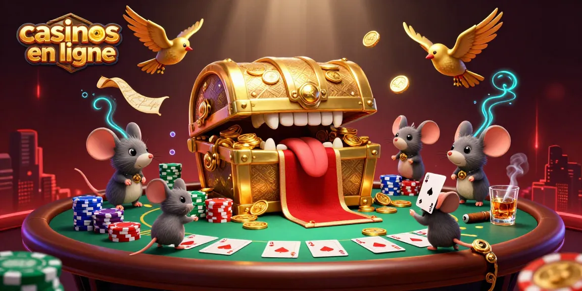 Explorez les casinos en ligne avec un coffre au trésor 3D captivant au milieu de jeux de poker.