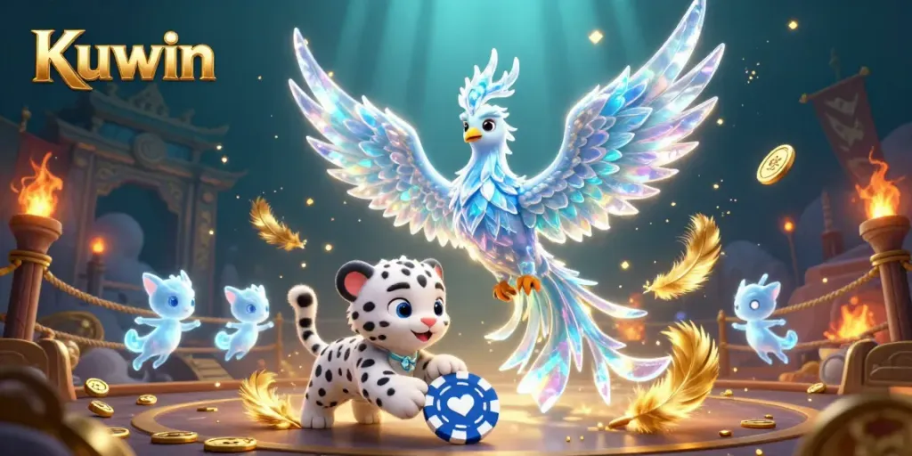 Kuwin casino features a vibrant 3D phoenix amid gems and chips in a dynamic gambling scene