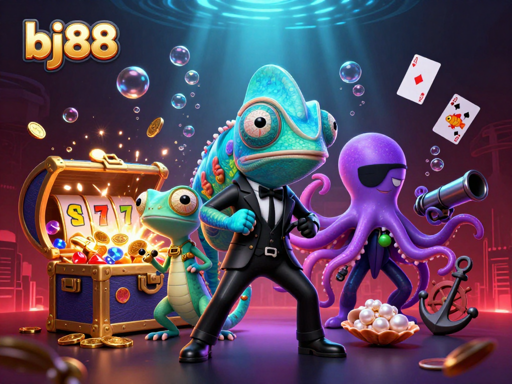 Win big with bj88 at a vibrant online casino featuring a dynamic cartoon scene.