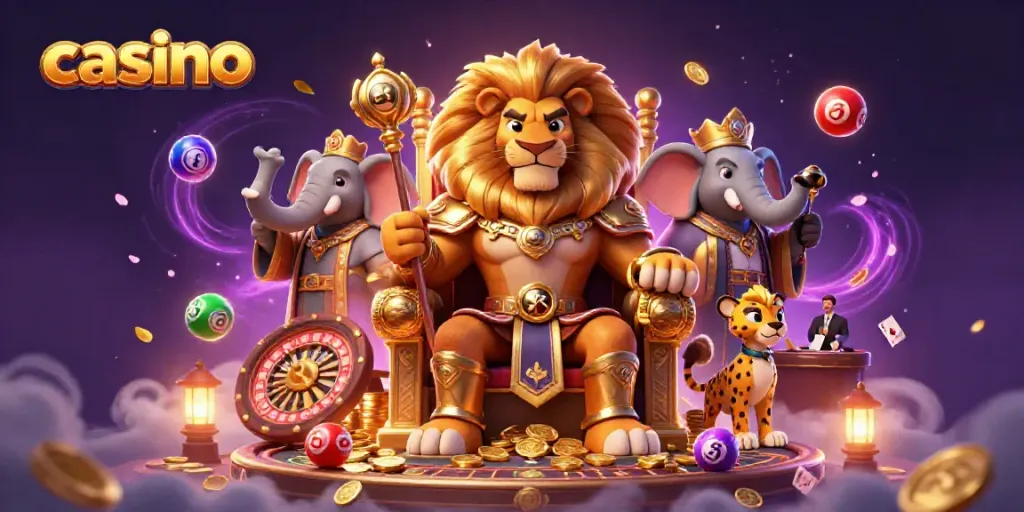 Experience an engaging casino scene with a lion king, elephant advisor, and cheetah messenger amidst dynamic game elements.