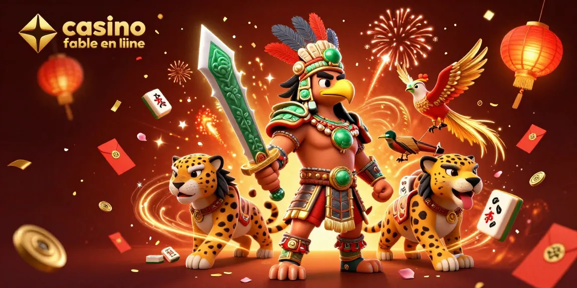 Casino fiable en ligne avec guerriers aztèques et éléments festifs, ambiance vibrant et colorée.