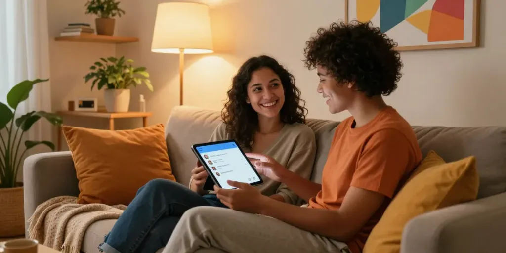 Couple enjoying ai sex chat on a tablet in a cozy room.