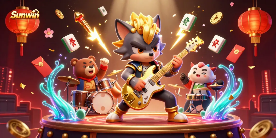 Experience Sunwin with a vibrant 3D scene featuring a rock star wolf, a drummer bear, and magical casino elements.