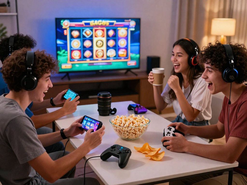 Excited friends enjoying slot gacor game night with snacks and devices in vibrant gaming environment