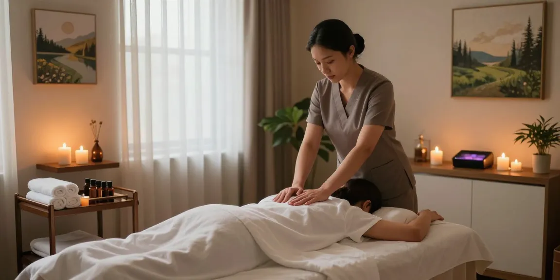 A relaxing massage therapy scene highlighting 용산출장안마 with a therapist and client in a soothing environment.
