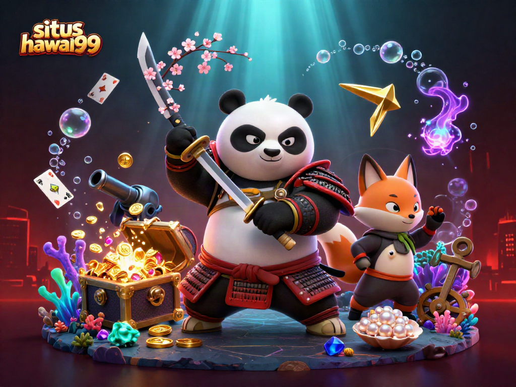 Situs hawai99 showcases a vibrant 3D illustration of a samurai panda and ninja fox, engaging in dynamic casino-themed action.