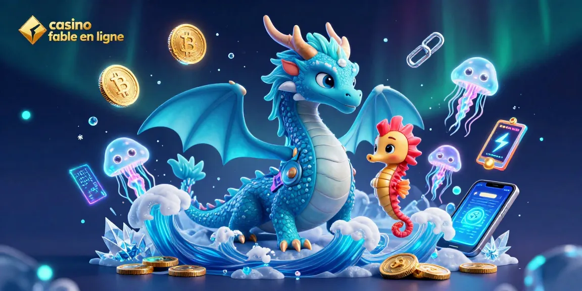 Jouez au casino fiable en ligne avec l'illustration d'un dragon azur et des éléments de crypto-monnaie.