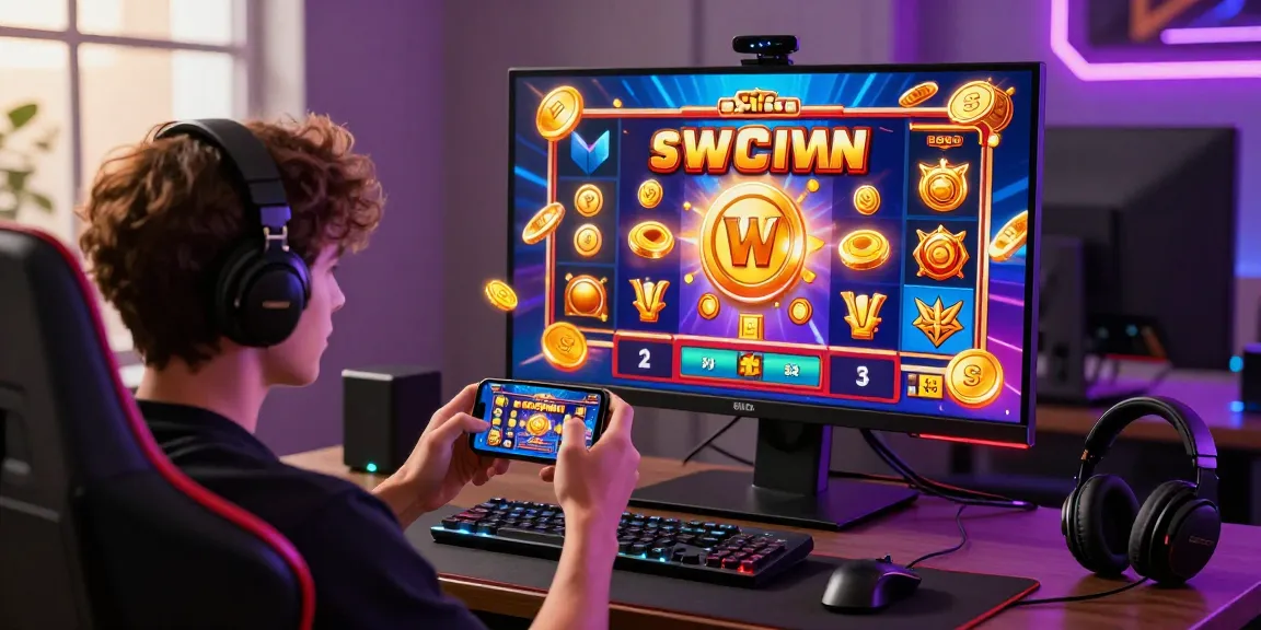 Situs slot online gaming scene featuring a player winning with dynamic graphics, vibrant atmosphere, and modern setup.