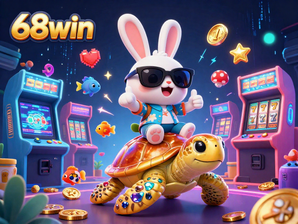 Experience 68win's thrilling gaming adventure with a lucky rabbit and a giant turtle.