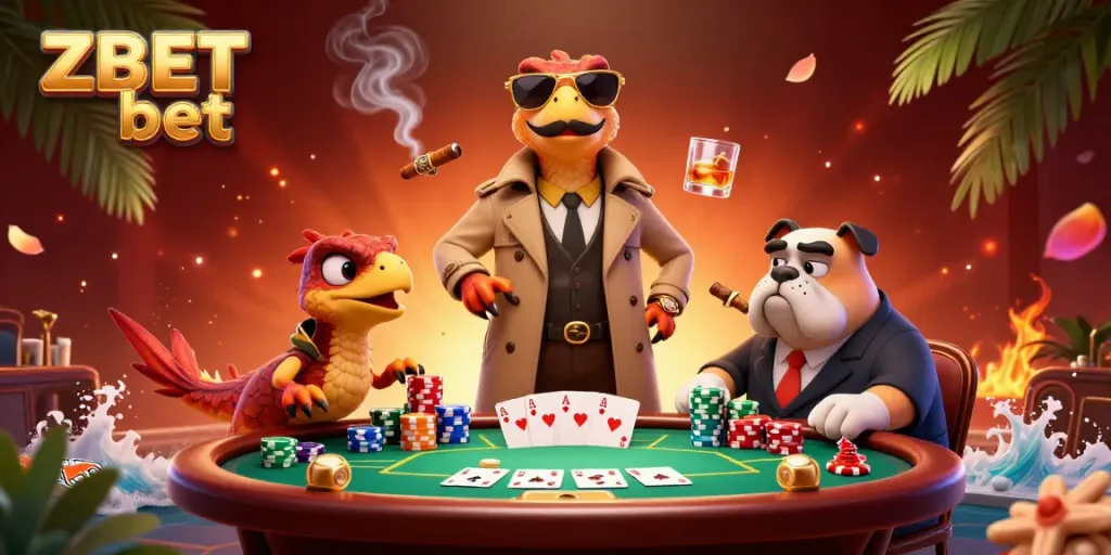 Experience ZBET bet excitement with raptors in a trench coat in a vibrant casino setting.