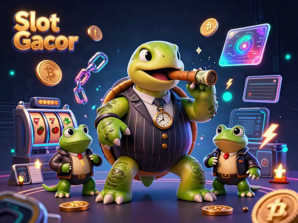 Slot Gacor ilustrasi 3D menggambarkan penyu besar dalam jas vintage dan dua katak pengaman, dengan elemen permainan slot.