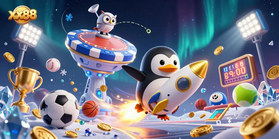 Experience winning thrills with xx88 in this vibrant 3D penguin casino illustration.