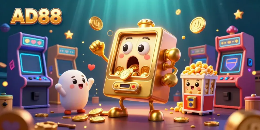 Experience the excitement of AD88 with a golden slot machine celebrating a jackpot amidst vibrant game elements.