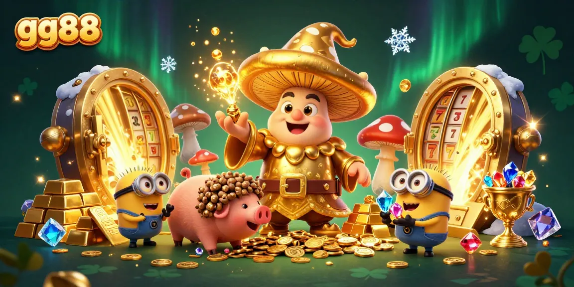 Experience a wealthy adventure with gg88 as a golden wizard and treasure pig uncover riches in this thrilling illustration.