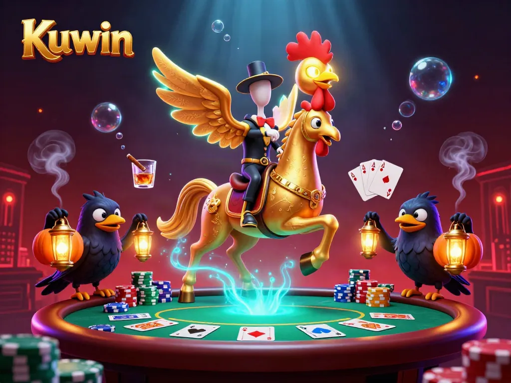 Kuwin's vibrant casino scene showcasing a golden rooster and spectral horse amidst poker elements and glowing ambiance.