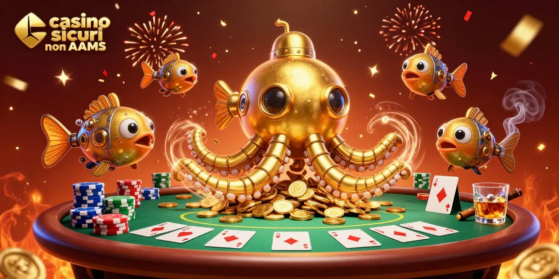 Gioca nei casino sicuri non AAMS con il Kraken d'oro e pesci meccanici tra pile di gettoni.