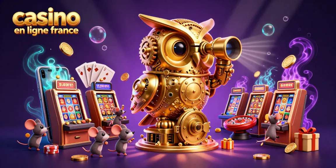Jouez sur un casino en ligne France avec un hibou doré et des souris dans une illustration colorée.