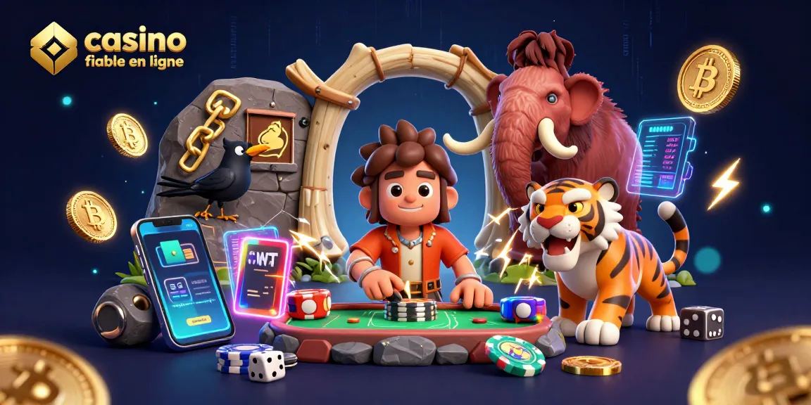 Jouer au casino fiable en ligne avec un duo de personnages préhistoriques et des éléments modernes de crypto-monnaies.