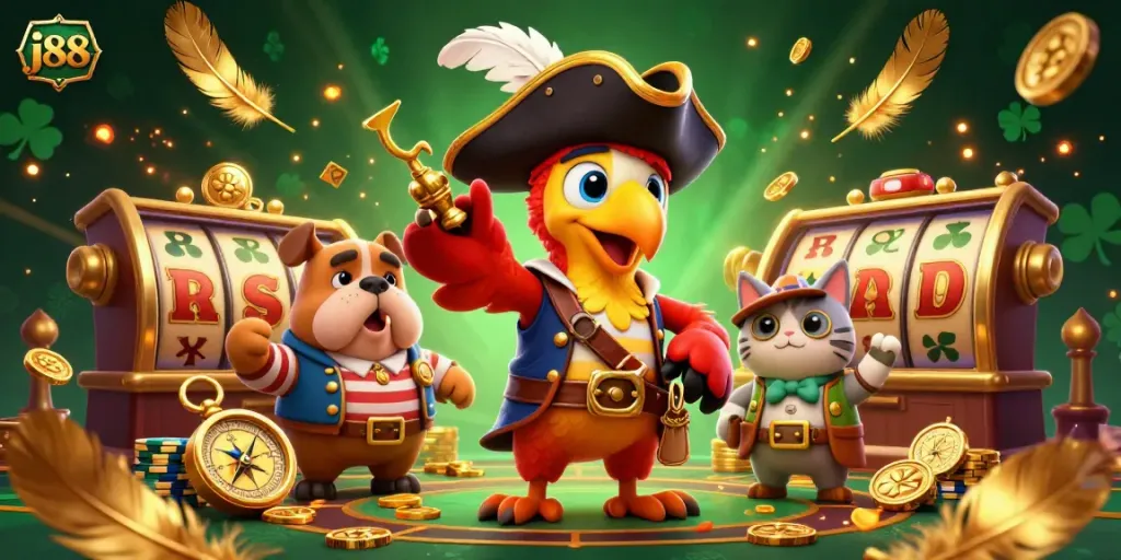 Engage in thrilling j88 casino action with animated pirate characters amidst vibrant slot machines and gold coins.