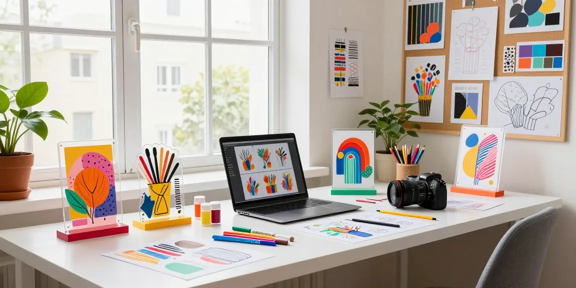 Custom acrylic stand designs displayed in an inspiring creative workspace.