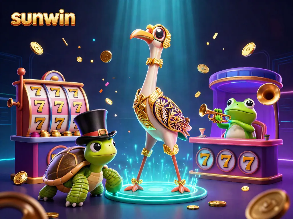 Engage in thrilling gameplay at Sunwin with a whimsical, vibrant 3D casino scene showcasing lively characters and dynamic slot elements.