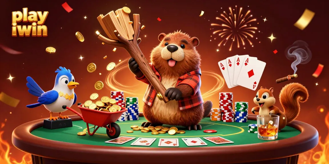 Play iwin while enjoying a vibrant casino scene with cartoon characters, poker elements, and gold coins.