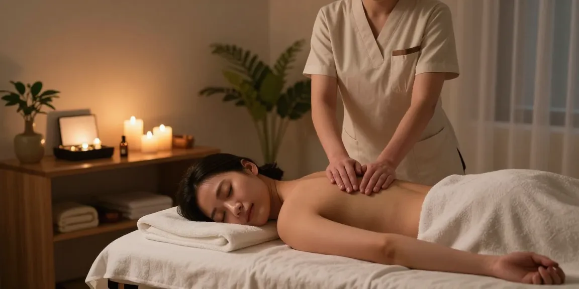 Relaxing 구로출장마사지 in a serene home setting with ambient lighting and a professional massage therapist preparing for a session.