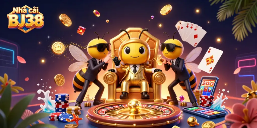Engage in thrilling gaming action at Nhà cái BJ38 with vibrant casino elements and dynamic characters.
