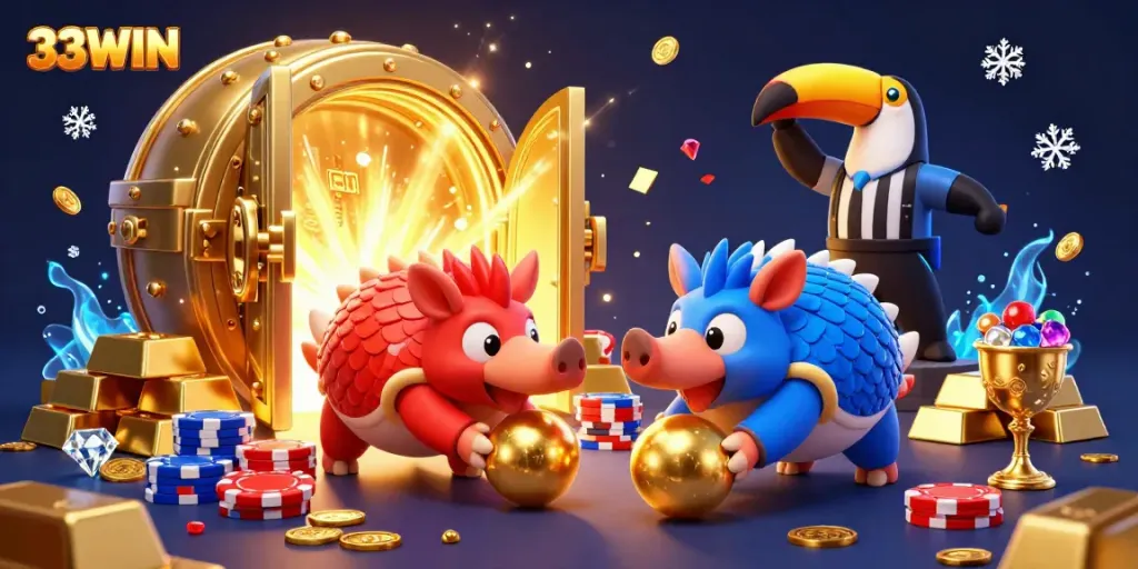 33WIN showcases rival pangolins bowling through poker chips in a vibrant casino scene.