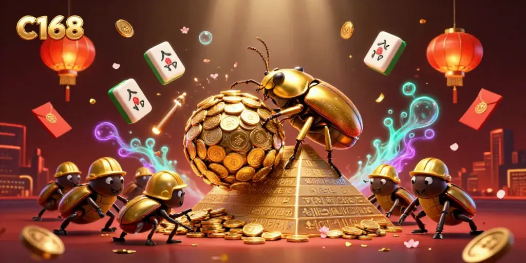 Experience the vibrant world of C168 with golden beetles rolling coins in an energetic casino-themed scene.