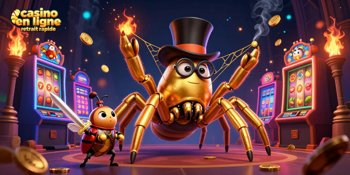 Casino en ligne retrait rapide: illustration ludique 3D d'une tarentule et d'un chevalier parmi des machines à sous.