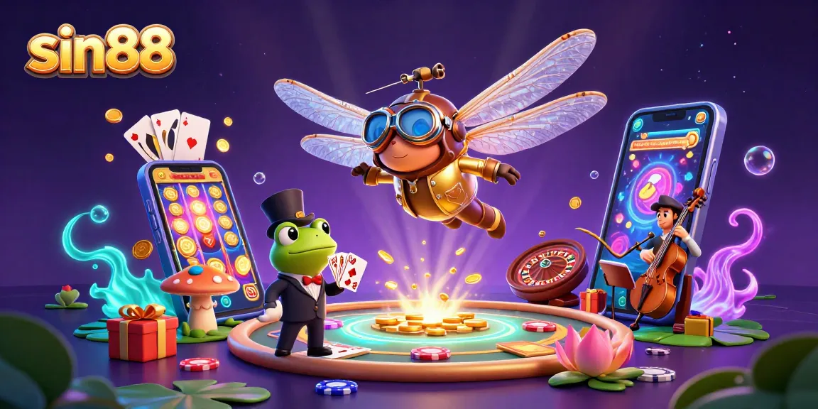 Experience thrilling gameplay at sin88 as a dragonfly pilot hovers over a lily pad casino with a frog croupier.