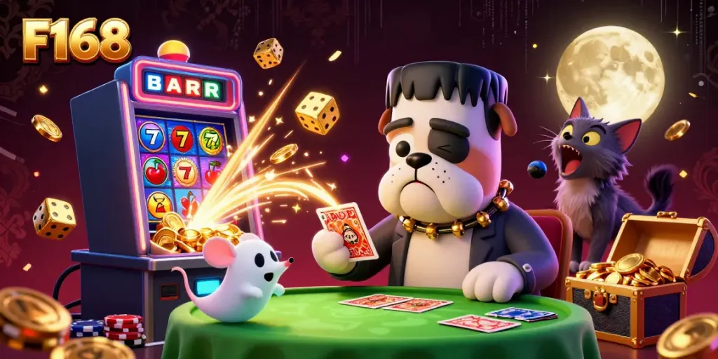 Experience F168's thrilling moments with a Frankenstein bulldog dealer and a jackpot explosion of coins.