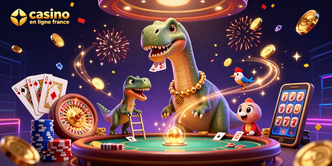 Découvrez l'excitation du jeu avec le casino en ligne France, un brontosaurus géant et un raptor aux cartes.