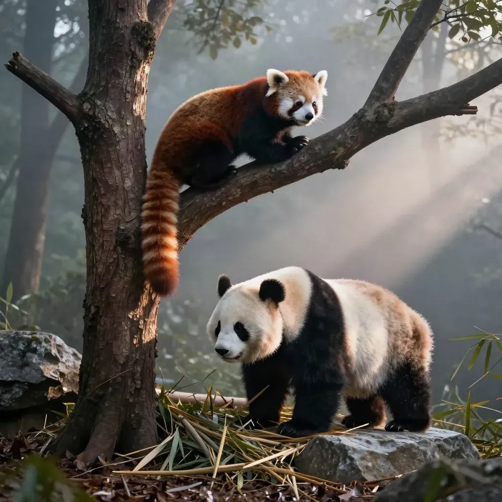 Red panda above giant panda in misty forest, low-angle vertical wildlife scene