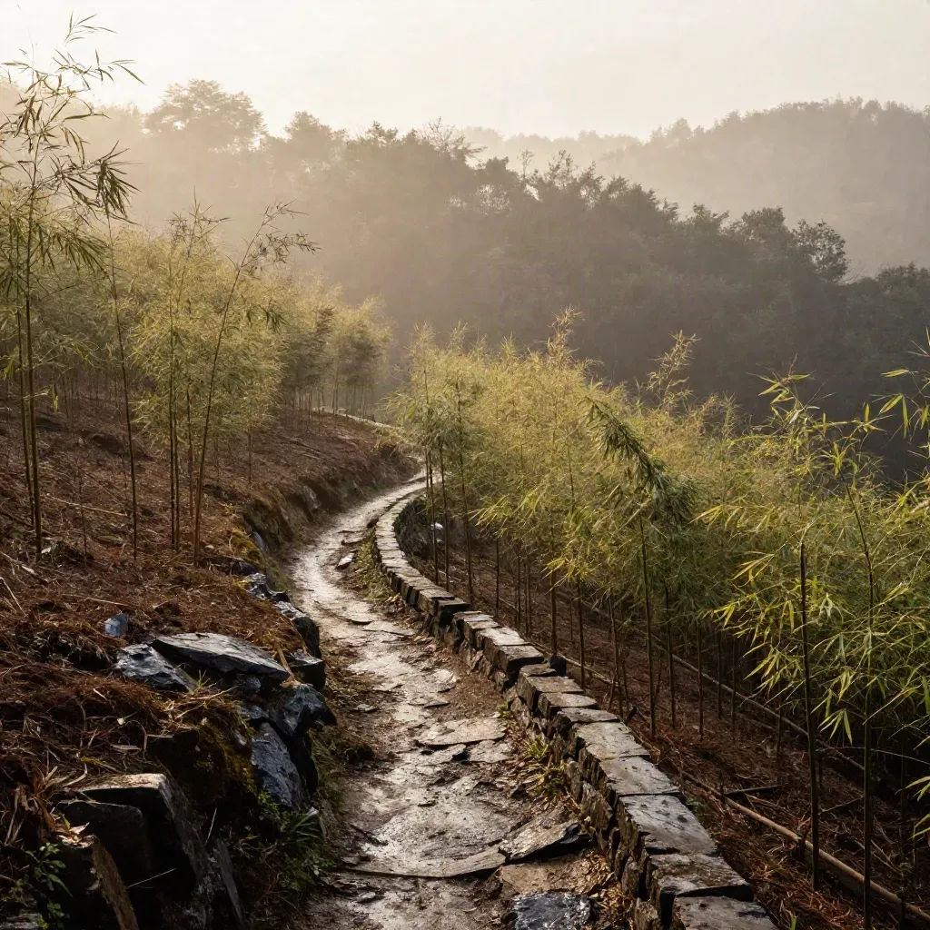 Rainy bamboo slope with stone edging and a misty forest trail