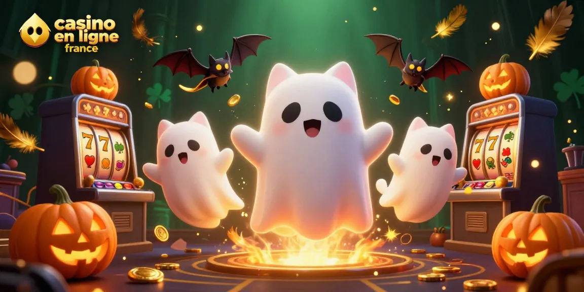 Jouez à des machines de casino en ligne France avec un chat fantôme et une chauve-souris dans une scène animée.