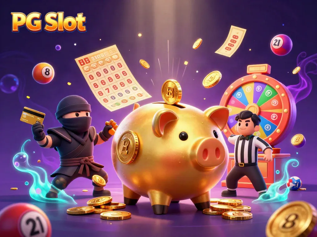 Experience the excitement of PG Slot with a dynamic 3D scene featuring a golden piggy bank and action-packed casino elements.
