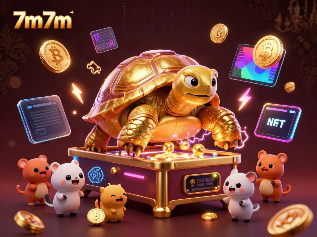 Engage with 7m7m in a lively scene of a colossal golden tortoise pinball machine surrounded by animated characters and crypto elements.