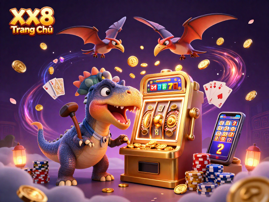 Win big at XX8 Trang Chủ with a pachycephalosaurus triggering jackpots among a vibrant casino scene.