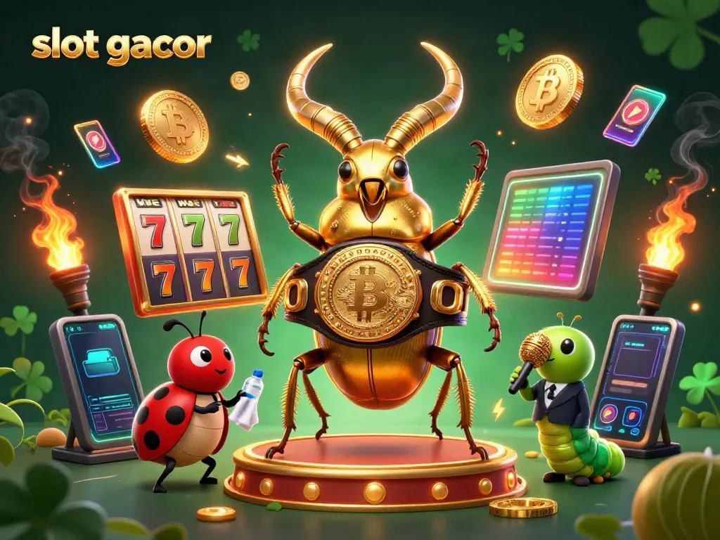 Experience the thrill of slot gacor with a dynamic scene featuring a giant golden stag beetle and vibrant gambling elements.