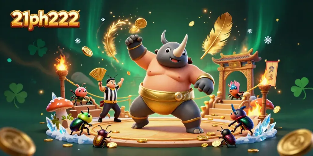 Experience the thrilling action of 21ph222 with a sumo beetle champion as coins fly in a dramatic arena.