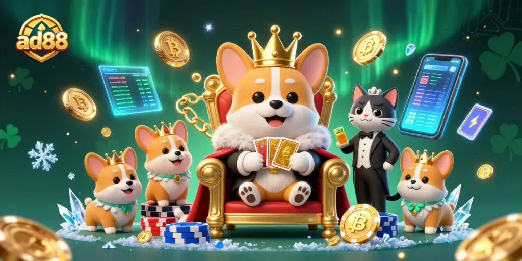 Experience ad88's thrilling gaming atmosphere with royal corgis and cryptocurrency elements.