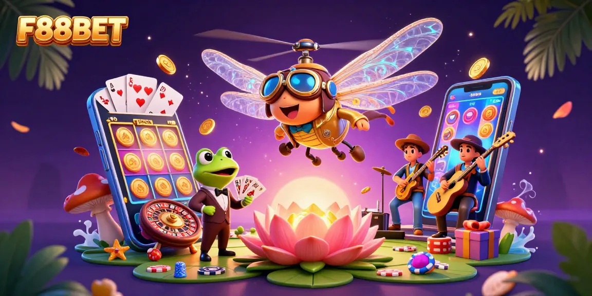 Engage in thrilling casino action at F88BET with a vibrant 3D illustration featuring exciting gaming elements.