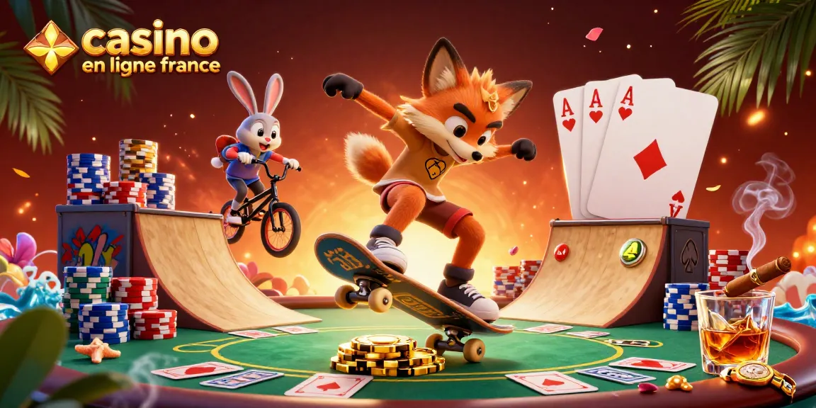 Les personnages de "casino en ligne france" jouent aux jeux de casino avec des jetons et des cartes.