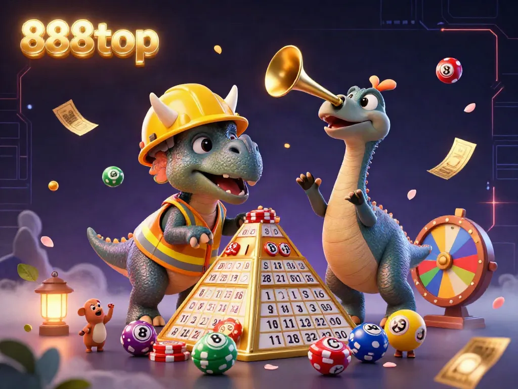 Celebrate with the fun dynamics of 888top featuring colorful lottery balls, cheerful characters, and a vibrant casino atmosphere.