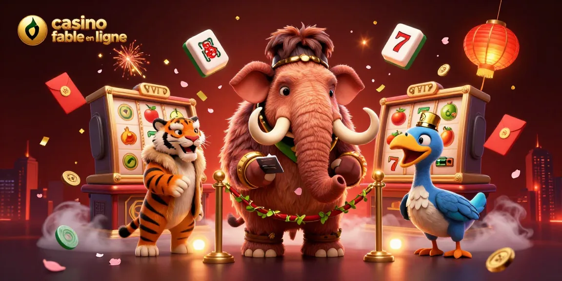 Image d'une scène dynamique d'un casino fiable en ligne, avec un bouncer mammouth, un VIP tigre et un portier dodo.