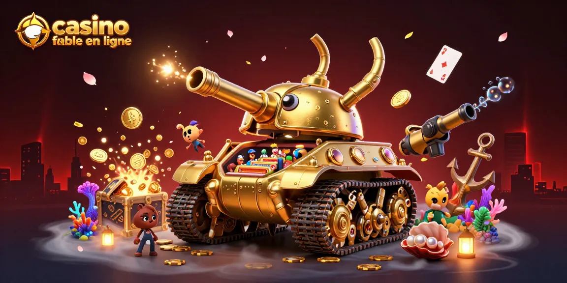 Plongez dans un casino fiable en ligne avec une scène ludique et colorée révélant un tank doré et des éléments de jeu.