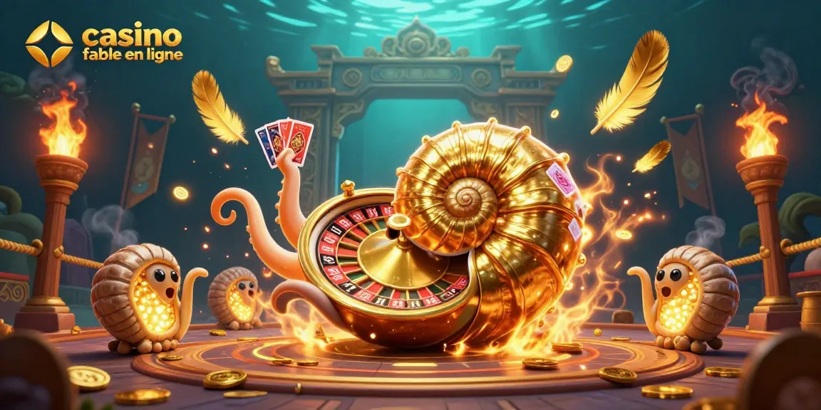 Jouez sur un casino fiable en ligne avec une illustration 3D d'un nautilus géant et des éléments de casino captivants.