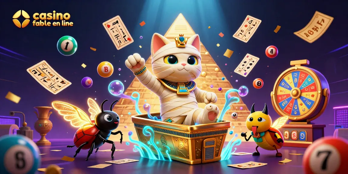 Jouez à un casino fiable en ligne avec une illustration captivante de jeux et d'éléments de loterie animés.